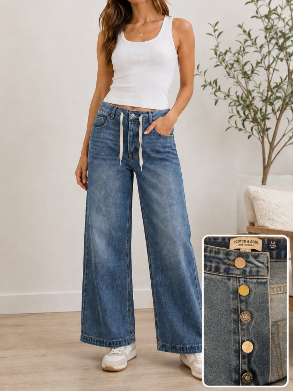 SCOTCH & SODA Wide Leg Cropped Drawstring Button Fly Jeans Blue L/G Lyocell